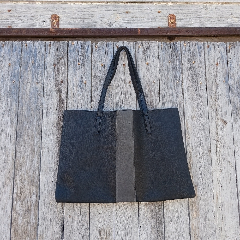 Vince Camuto Luck Faux Vegan Leather Slim Shoulder‎ Tote Purse Bag Black Gray